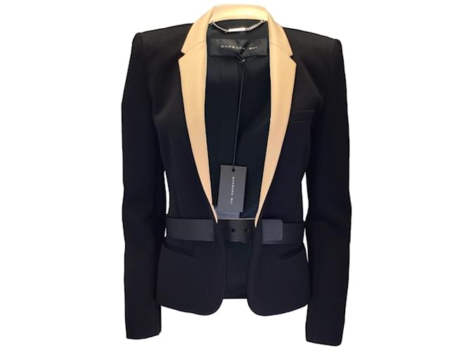 Barbara Bui Black / Beige Lambskin Leather Trimmed Leather Belted Technical Fabric Blazer Synthetic  ref.1160632