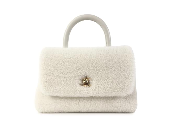 White Chanel Small Shearling Coco Top Handle Bag Satchel Leather  ref.1160807