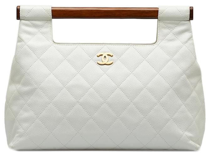 Chanel White Quilted Caviar Wood Handle Tote Bag Leather  ref.1161020