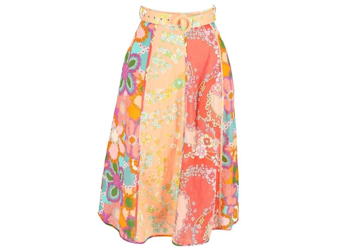Zimmermann Lola Floral-Print Belted Midi Skirt in Multicolor Linen Multiple colors  ref.1161123