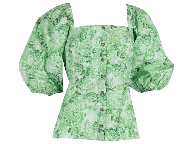 Ganni Floral Puff Sleeve Poplin Top in Green Cotton  ref.1161136