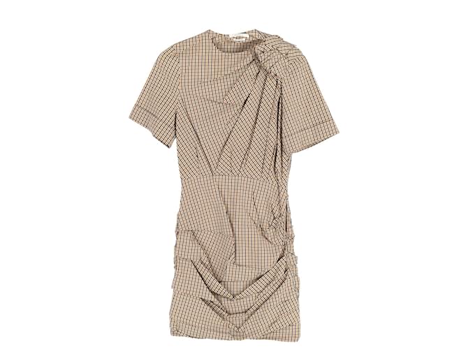 Isabel Marant Etoile Isabel Marant Étoile Oria Shirred Check-Print Dress in Beige Cotton  ref.1161171