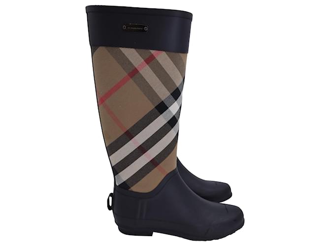 Burberry House Check Canvas Clemence Rain Boots in Black Rubber  ref.1161217