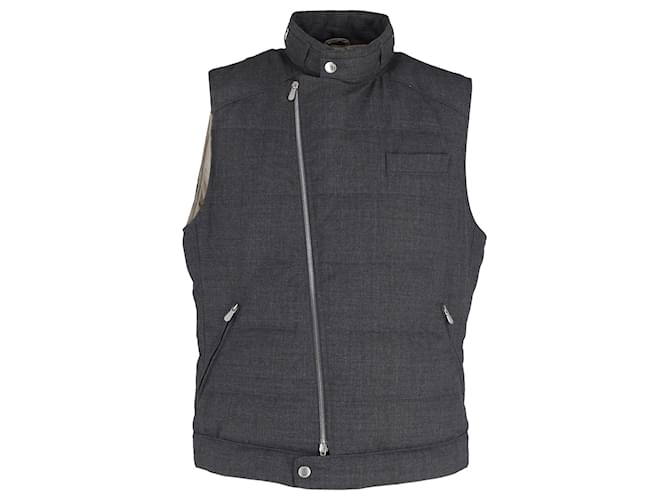 Brunello Cucinelli Asymmetric Zip Padded Vest in Grey Wool  ref.1161221