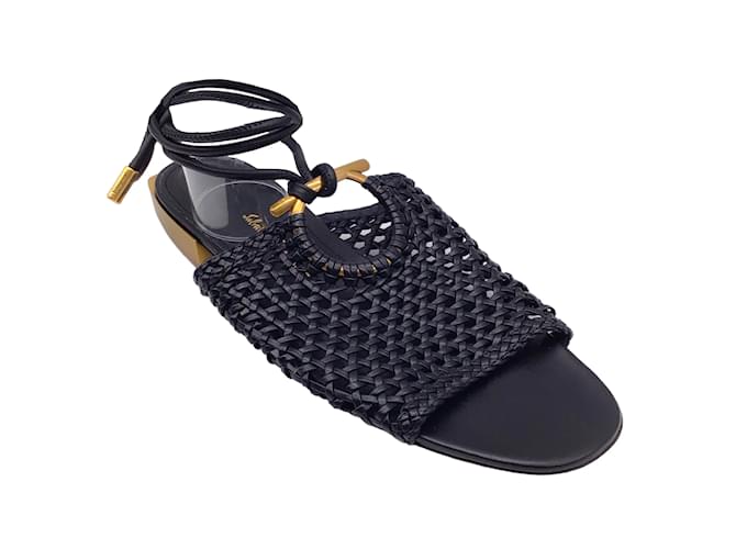 Autre Marque Salvatore Ferragamo Black Woven Leather Ankle Wrap Flat Sandals  ref.1161514