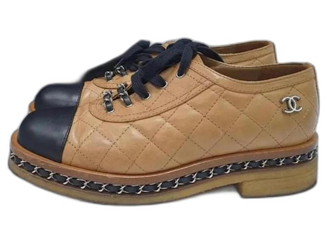 Chanel Quilted Leather Chain Embellished Cap Toe Oxfords Brown  ref.1161854