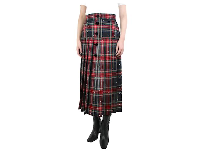 Miu Miu Red crystal-embellished tartan midi skirt - size UK 10 Viscose  ref.1161956