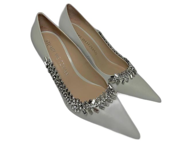 Stuart Weitzman Promise 85 Embellished Pointed-Toe Pumps White Leather
