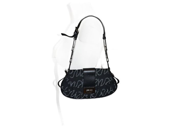 Bolsa Krizia Preta Prateada Cinza de Tecido Preto Prata