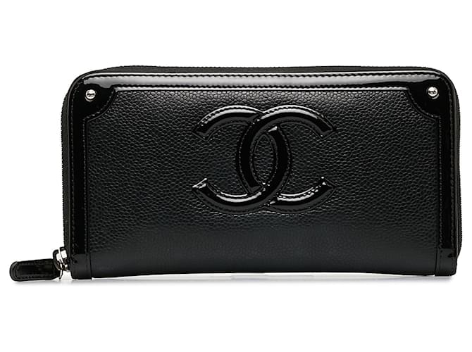 Chanel Black CC Kaviar Leder Reißverschluss um lange Brieftasche Schwarz  ref.1163424