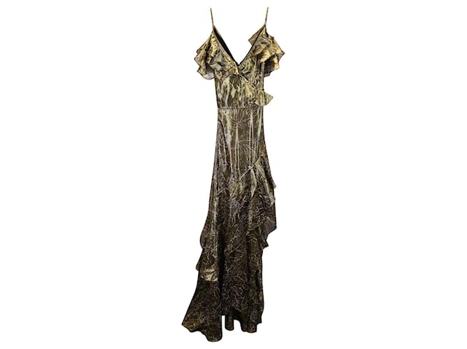 Peter Pilotto V-Neck Ruffled Dress in Gold Silk Golden Metallic  ref.1163982