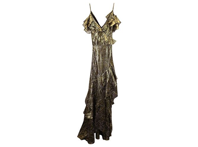 Vestido Peter Pilotto com babados e decote em V em seda dourada Dourado Metálico