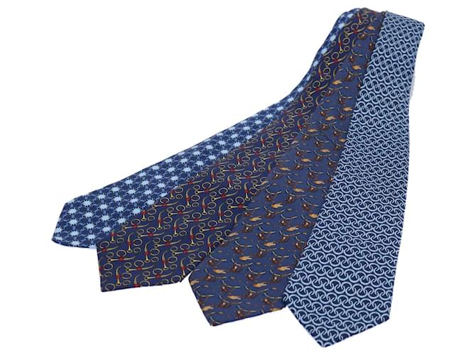 Hermès HERMES Necktie Silk 4Set Blue Navy Auth am5204 Navy blue  ref.1164386