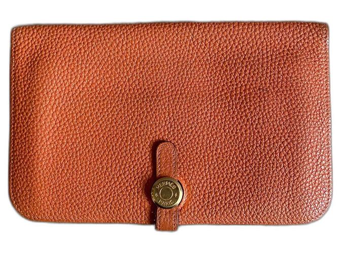 Cartera larga Hermès Dogon Naranja de piel