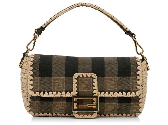 Fendi Borsa in tela Pequin marrone e rafia