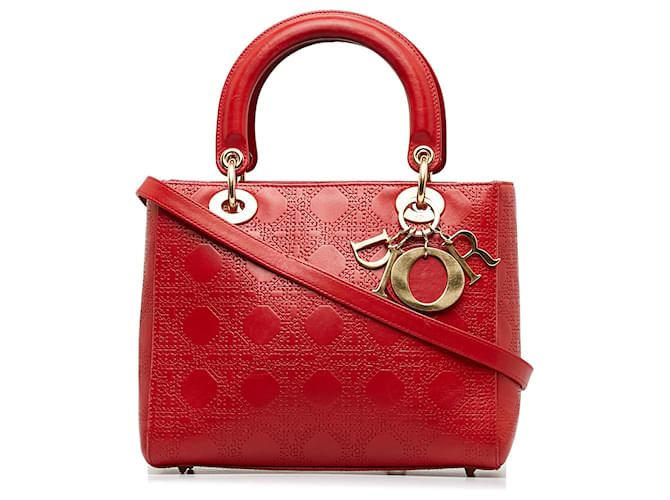 Dior Red Medium Embossed Lambskin Cannage Lady Dior Leather  ref.1161631