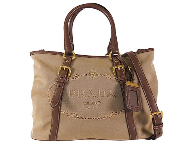 Bolso satchel marrón con logo de Prada Canapa Castaño Beige Cuero Lienzo Becerro Paño  ref.1161673