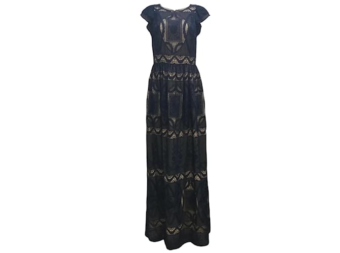 Autre Marque Monique Lhuillier Navy Blue / Beige Flutter Sleeved Embroidered Lace Gown / formal dress Polyester  ref.1164701