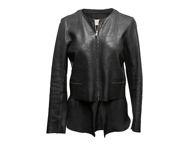 Black Sandro Layered Leather Jacket Size 2  ref.1164868