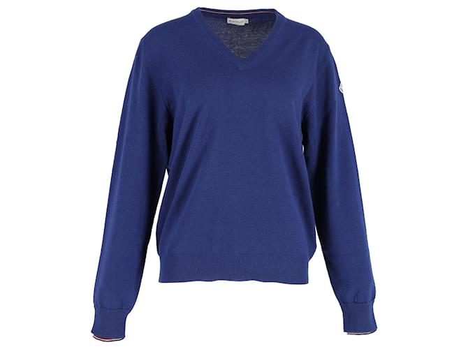 Suéter Moncler com decote em V em algodão azul marinho  ref.1165543