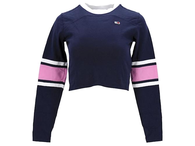 Tommy Hilfiger Kurz geschnittenes Langarm-T-Shirt für Damen Blau Baumwolle  ref.1165559