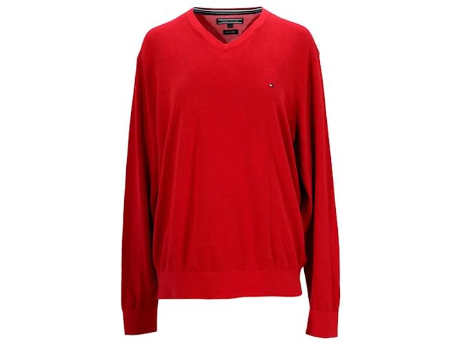 Tommy Hilfiger Mens Luxury Cotton V Neck Jumper Red  ref.1165571