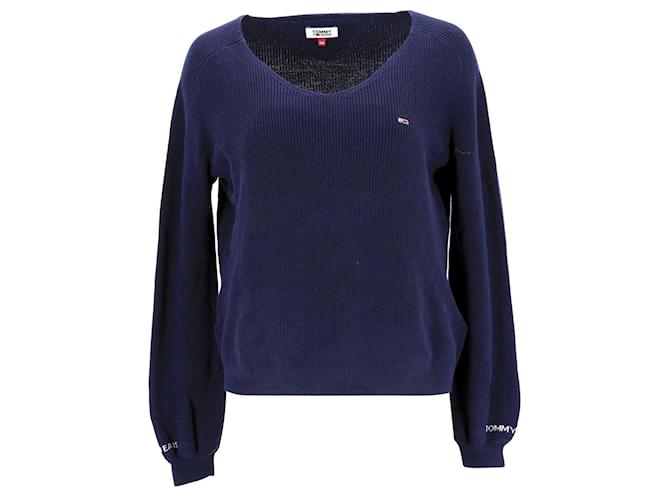 Tommy Hilfiger Suéter feminino de algodão puro com decote em V em algodão azul  ref.1165600