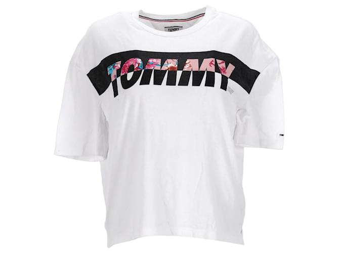 Tommy Hilfiger Camiseta feminina com estampa de logotipo floral Branco Algodão  ref.1165607