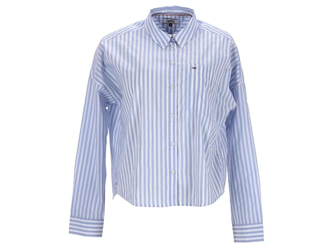 Tommy Hilfiger Womens Cropped Stripe Shirt in Light Blue Polyester  ref.1165613