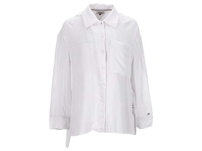 Tommy Hilfiger Womens Oversized Fit Side Vented Viscose Shirt in White Viscose Cellulose fibre  ref.1165615