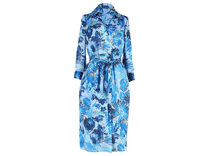 Boss by Hugo Boss Floral Knee-Length Shirt Dress in Blue Silk  ref.1165616