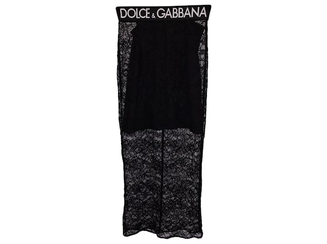 Dolce & Gabbana Falda midi de encaje con logo en la cintura en poliamida negra Negro Nylon  ref.1165657
