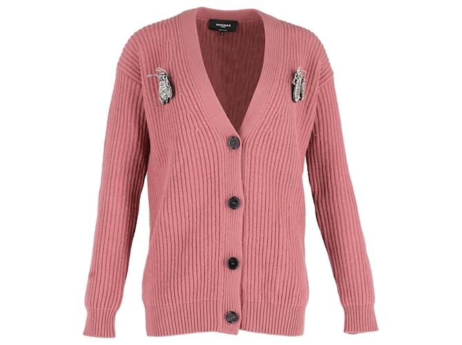Rochas Bug Brooch Knitted Cardigan in Pink Cotton Wool  ref.1165725