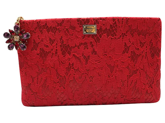 Pochette zippée Dolce & Gabbana avec breloque en cristal Swarovski en dentelle rouge Toile  ref.1165734