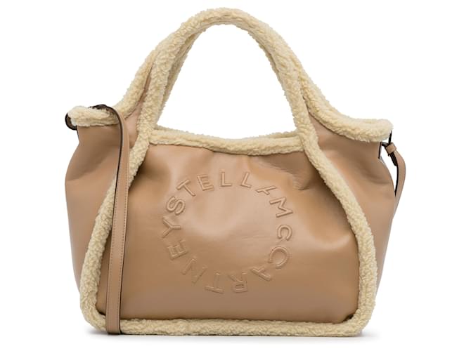 Stella Mc Cartney Stella McCartney Bolso satchel con logo Stella ribeteado de piel de oveja marrón Castaño Beige Lana Paño  ref.1165814