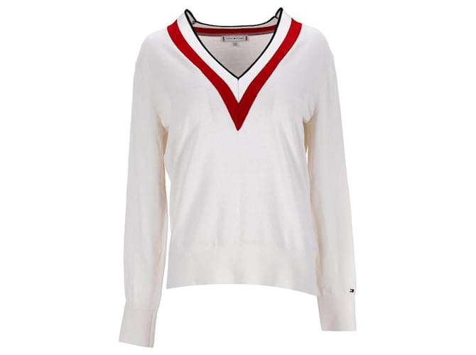Tommy Hilfiger Damen-Pullover mit Kontrast-V-Ausschnitt Weiß Roh Baumwolle  ref.1165939