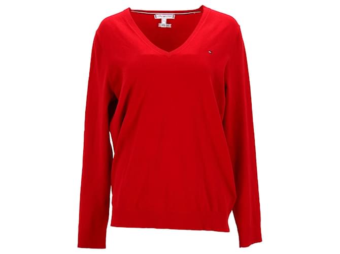 Tommy Hilfiger Womens Heritage V Neck Jumper in Red Cotton  ref.1166012