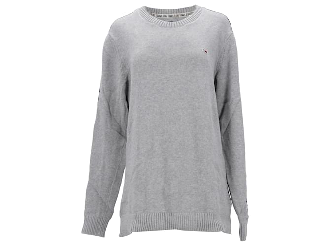 Tommy Hilfiger Mens Regular Fit Jumper with Logo Tape in Light Grey Pure Cotton  ref.1166069