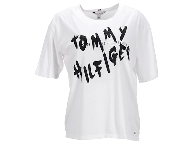 Tommy Hilfiger T-shirt en coton biologique avec logo graffiti pour femme Blanc  ref.1166127