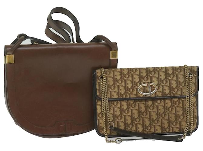Borsa a tracolla in tela Christian Dior Trotter in pelle 2Set Beige Marrone Auth bs10158  ref.1166699