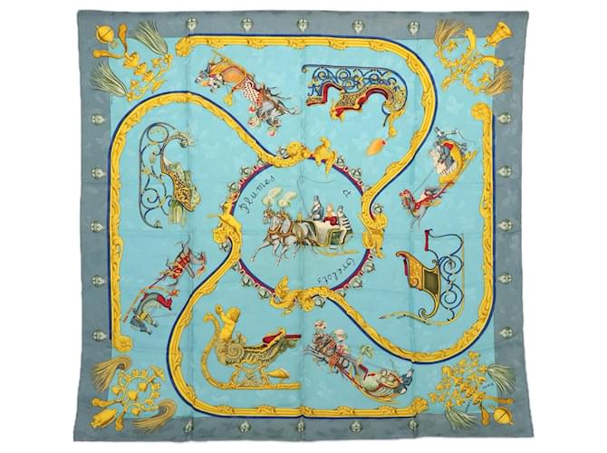 Hermès HERMES CARRE 90 PLUMES ET GRELOT Scarf Silk Light Blue Auth bs10179  ref.1166761