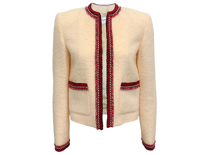 Autre Marque Celine Ivory Boucle Chasseur Jacket with Red Trim Cream Wool  ref.1167792