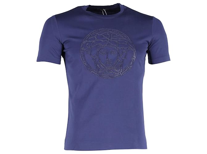 Camiseta con cuello redondo y logo Versace en algodón azul marino  ref.1167984