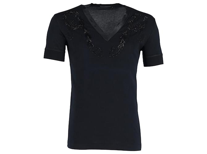 Dolce & Gabbana Camiseta con cuello en V adornada en algodón azul marino  ref.1168012