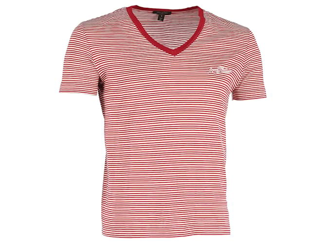 Louis Vuitton Camiseta listrada com decote em V em algodão vermelho  ref.1168073