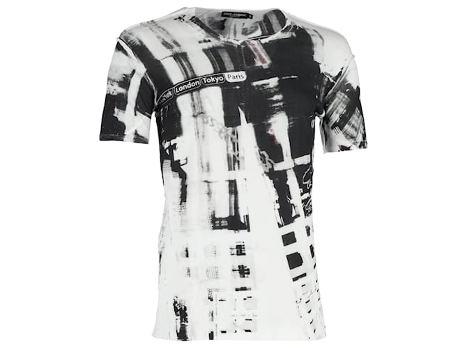 Dolce & Gabbana Camiseta con cuello redondo y estampado gráfico en algodón blanco y negro  ref.1168077