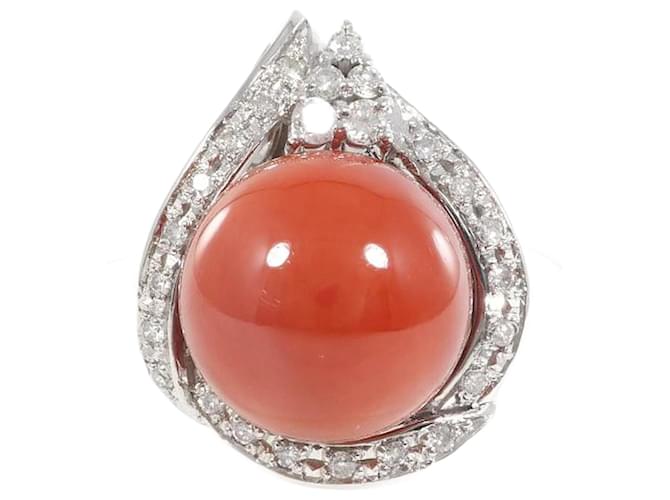 & Other Stories Platinum Diamond & Coral Ring Red Metal  ref.1168126