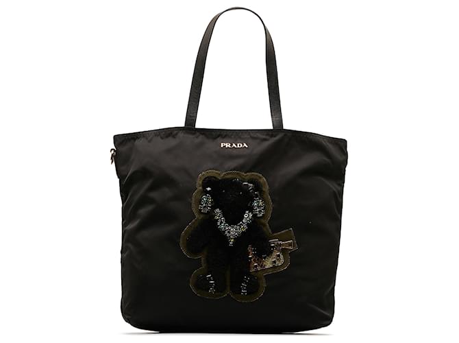 Tote Prada Schwarze Olympia-Teddybären-Tessuto-Tasche von Peking Leder Kalbähnliches Kalb Nylon Tuch  ref.1168263