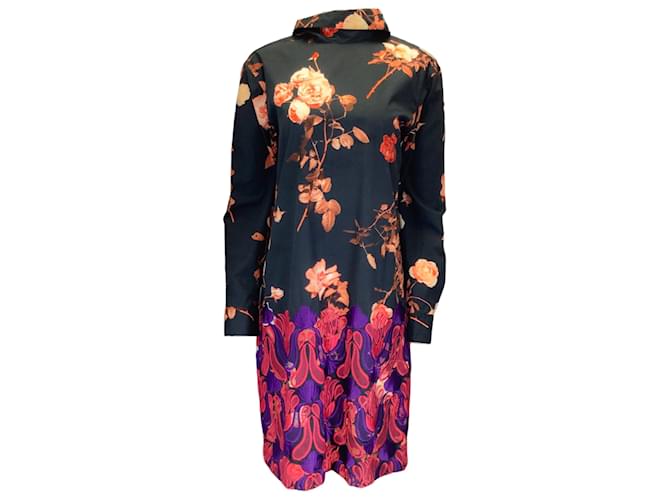 Autre Marque Dries Van Noten Black Multi Floral Printed Long Sleeved Embroidered Cotton Dress  ref.1169321