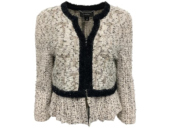 Autre Marque St. John Couture Black / Ivory Tweed Peplum Jacket Cream Wool  ref.1169326